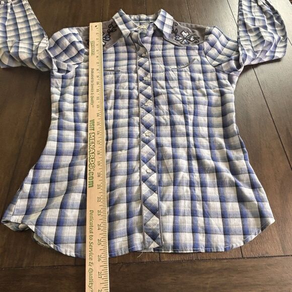 Roper Embroidered Western Top Women Size Medium Blue Plaid Pearl Snap - Picture 5 of 9